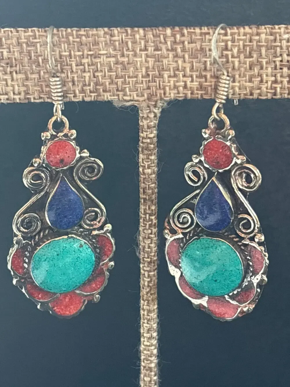 Tibetan Silver Turquoise Lapis Lazuli & Red Coral Dangle Earrings